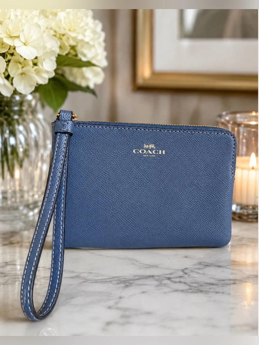 Coach Blue Leather Wristlet with Gold Logo